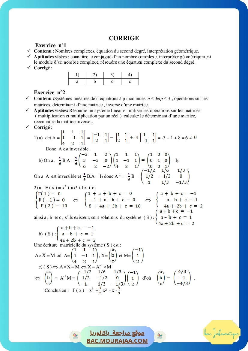 Corrigé principale math Bac 2010 – Section info